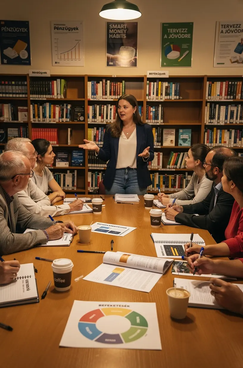 Személyes pénzügyi tanácsadás helyi találkozók résztvevőivel egy modern közösségi térben.